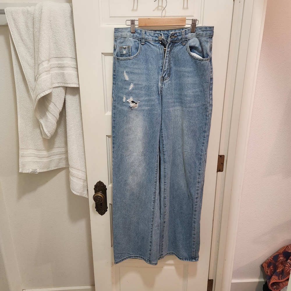 SHEIN Light Blue Distressed Flare Jeans